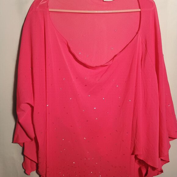 Hot Pink Embellished Sheer Poncho Blouse – Rhinestone Sparkle Asymmetrical Hem - Picture 2 of 4
